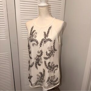 White House Black Market Ivory Top with Black Embroidery Size L (B1P44)